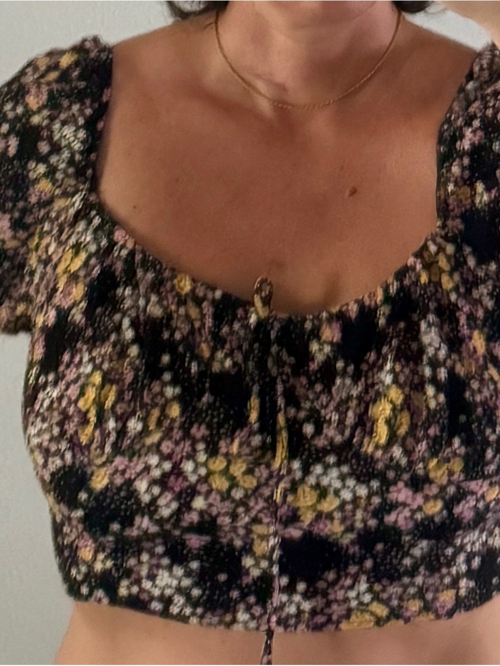 Forever 21 Black Floral Smocked Crop Top with Yellow & Pink Flowers